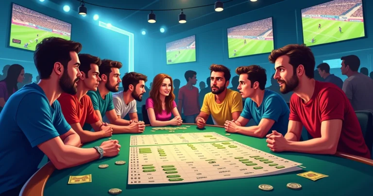 Grupo diversificado de apostadores animados em uma mesa com bilhetes de apostas e telas de esportes ao fundo.
