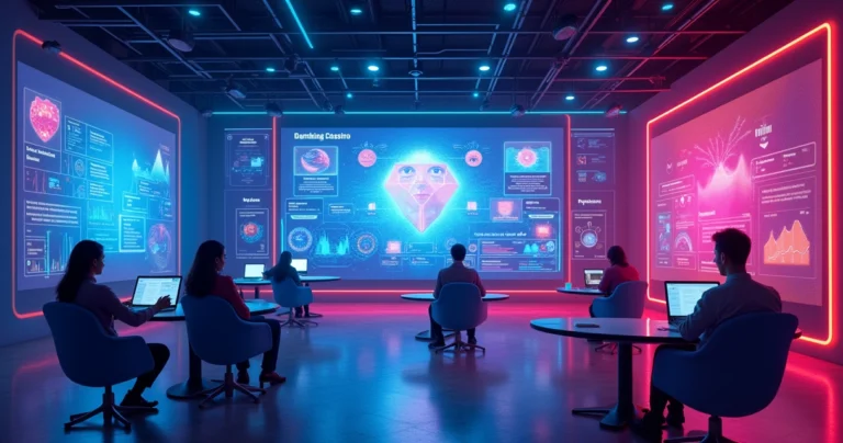 Cena de cassino online com gráficos de apostas, dispositivos móveis e hologramas de estatísticas.