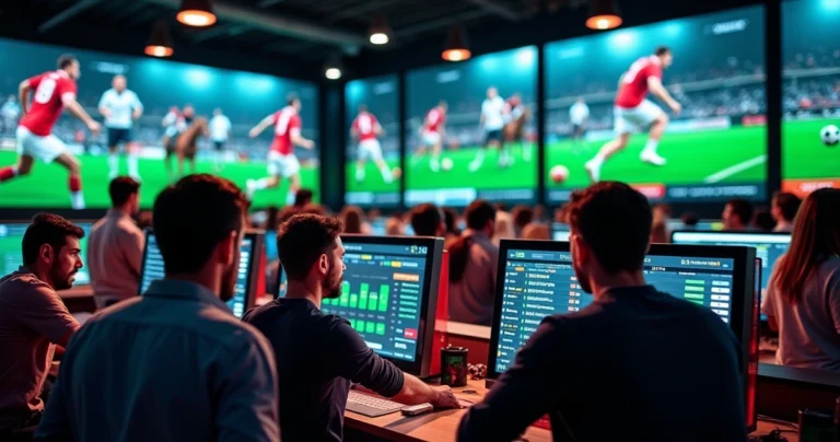 Interior of a lively betting shop with people engaged in sports betting around digital screens.
