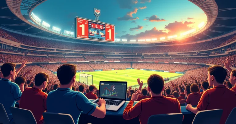 Estádio de esporte vibrante com fãs, placar detalhado e analista de estatísticas em ação.