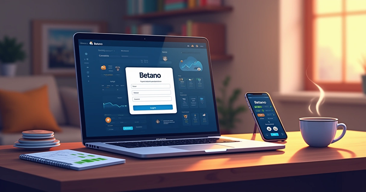 Ilustração de um laptop com a página de login da Betano em um ambiente de escritório acolhedor.