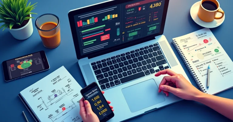 Análise detalhada de escanteios em partida de futebol na tela de um notebook com gráficos e estatísticas ao redor