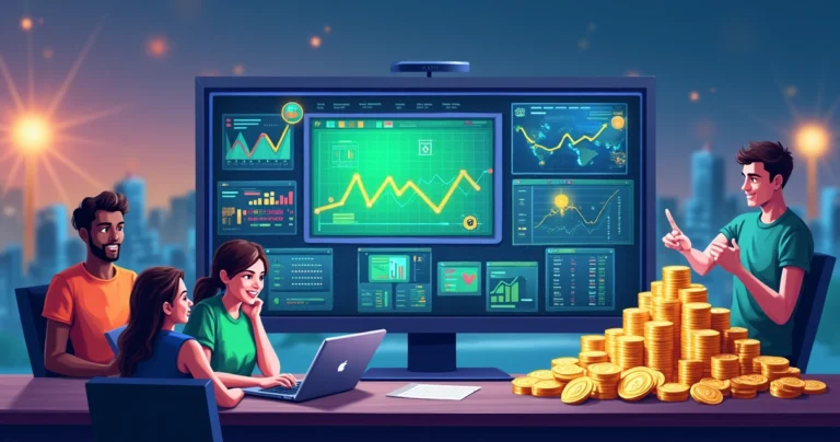 Grupo diversificado analisando apostas esportivas com gráficos e dinheiro em um fundo de cidade iluminada.