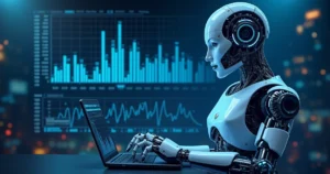 Interface digital mostrando robot e gráficos de probabilidades para apostas esportivas