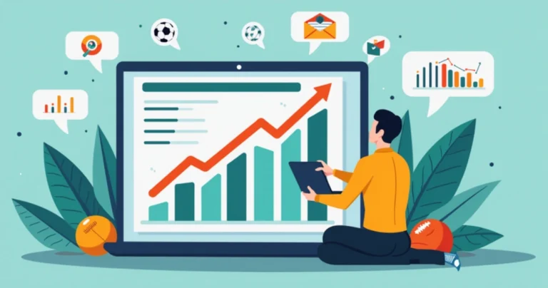 Ilustração corporativa mostrando um gráfico de apostas esportivas com setas indicativas de risco e recompensa, um apostador analisando dados em um laptop e ícones de futebol ao fundo