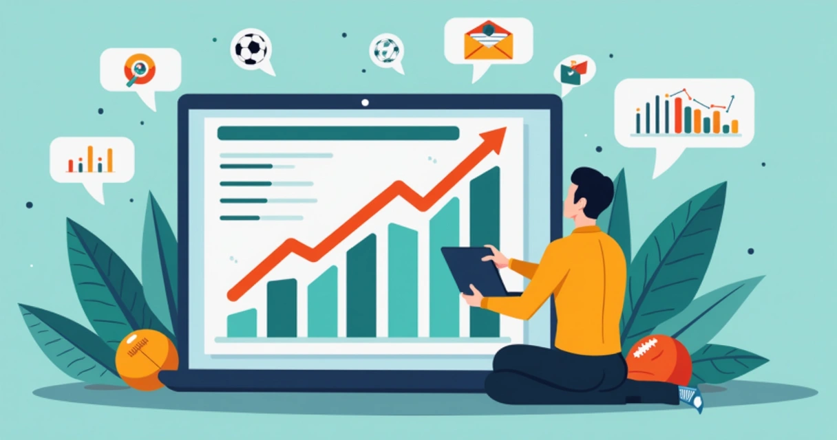 Ilustração corporativa mostrando um gráfico de apostas esportivas com setas indicativas de risco e recompensa, um apostador analisando dados em um laptop e ícones de futebol ao fundo