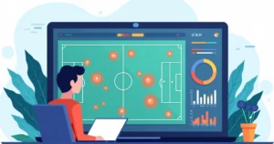 Ilustração corporativa de gráfico de pressão no futebol mostrando análise de jogadas, gráficos e indicadores táticos