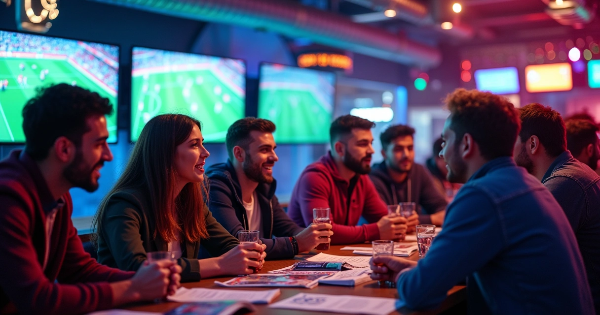 Grupo de torcedores em um bar vibrante assistindo a um jogo de futebol e fazendo apostas.