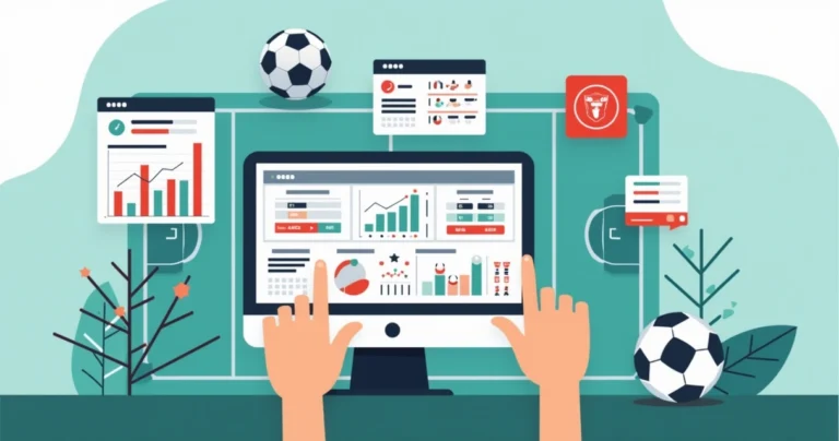 Ilustração corporativa de algoritmo analisando estatísticas e resultados de futebol para apostas esportivas