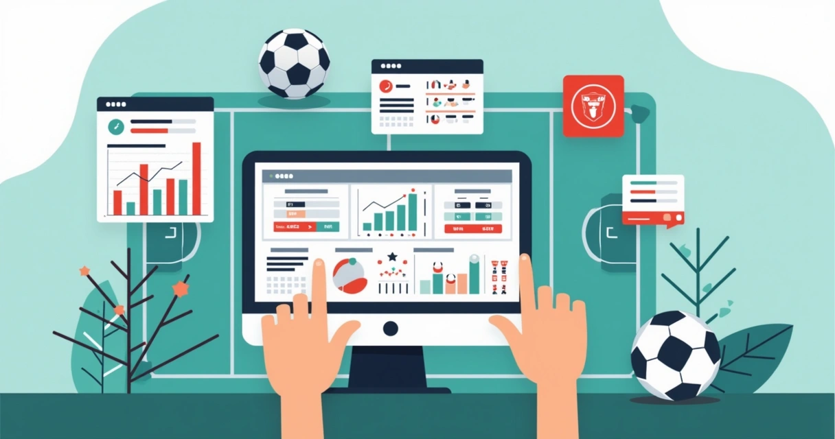 Ilustração corporativa de algoritmo analisando estatísticas e resultados de futebol para apostas esportivas