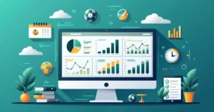 Ilustração corporativa flat mostrando tela de computador com gráficos de análise de dados esportivos e ícones de robô de apostas ao redor