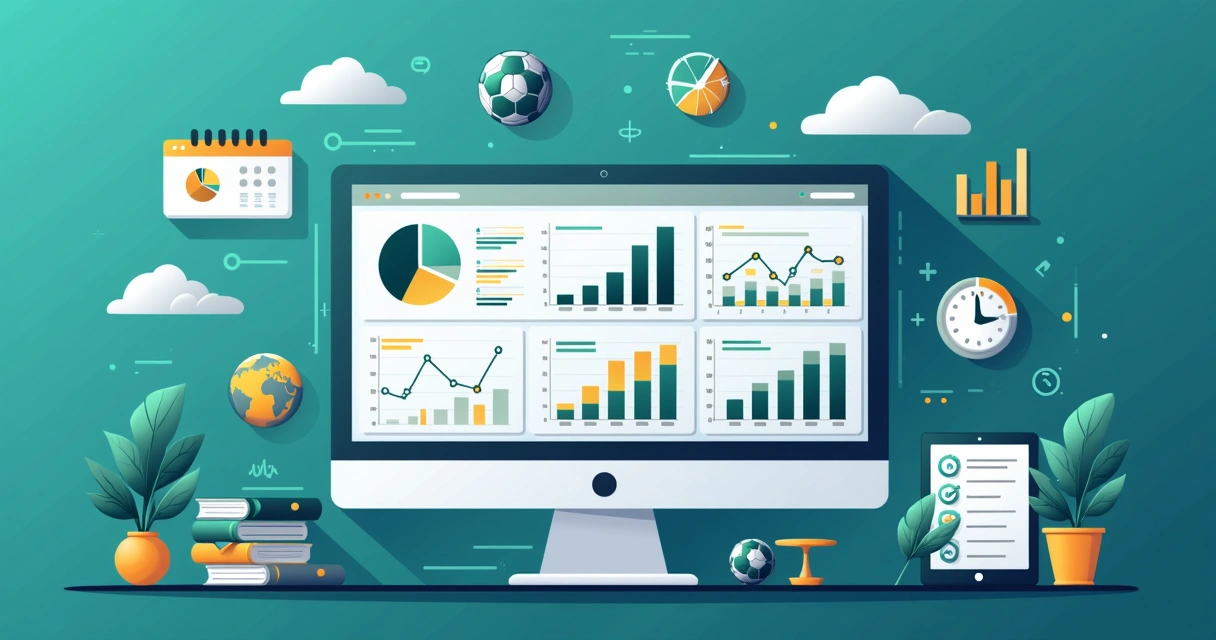 Ilustração corporativa flat mostrando tela de computador com gráficos de análise de dados esportivos e ícones de robô de apostas ao redor