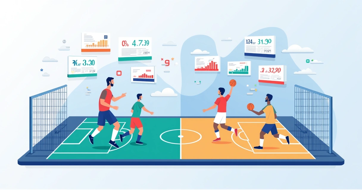 Ilustração corporativa plana mostrando um campo de futebol e uma quadra de basquete com gráficos de probabilidades e apostas ao redor