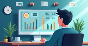 Ilustração corporativa flat de apostador analisando dados em computador com gráficos de apostas esportivas