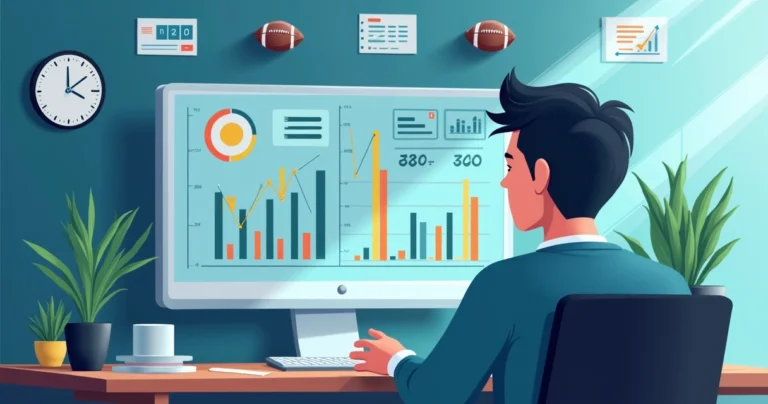 Ilustração corporativa flat de apostador analisando dados em computador com gráficos de apostas esportivas