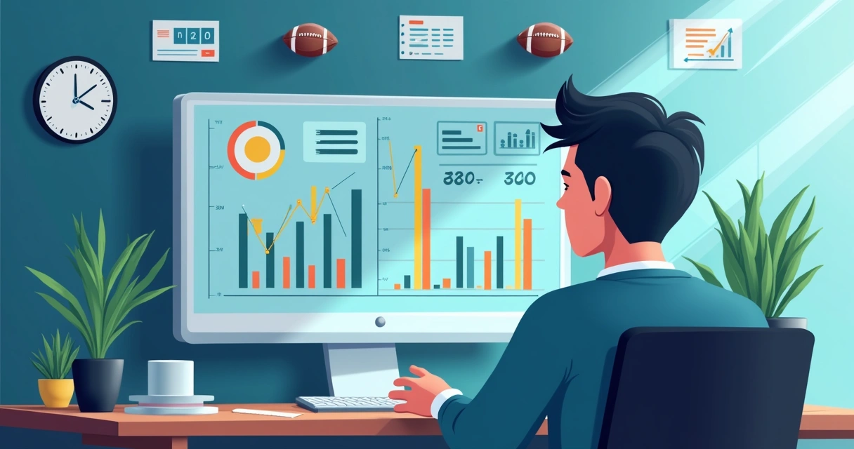 Ilustração corporativa flat de apostador analisando dados em computador com gráficos de apostas esportivas