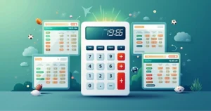 Ilustração corporativa de uma calculadora digital mostrando cálculos de arbitragem com tabelas de odds ao fundo