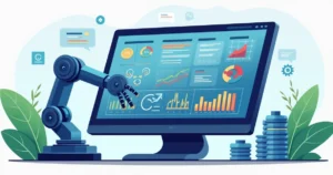 Ilustração de uma tela de computador exibindo gráficos de apuração de apostas esportivas com robô automatizado em funcionamento