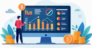 Ilustração corporativa flat mostrando um painel digital com gráficos de apostas, moeda e um jogador avaliando estratégias de aposta