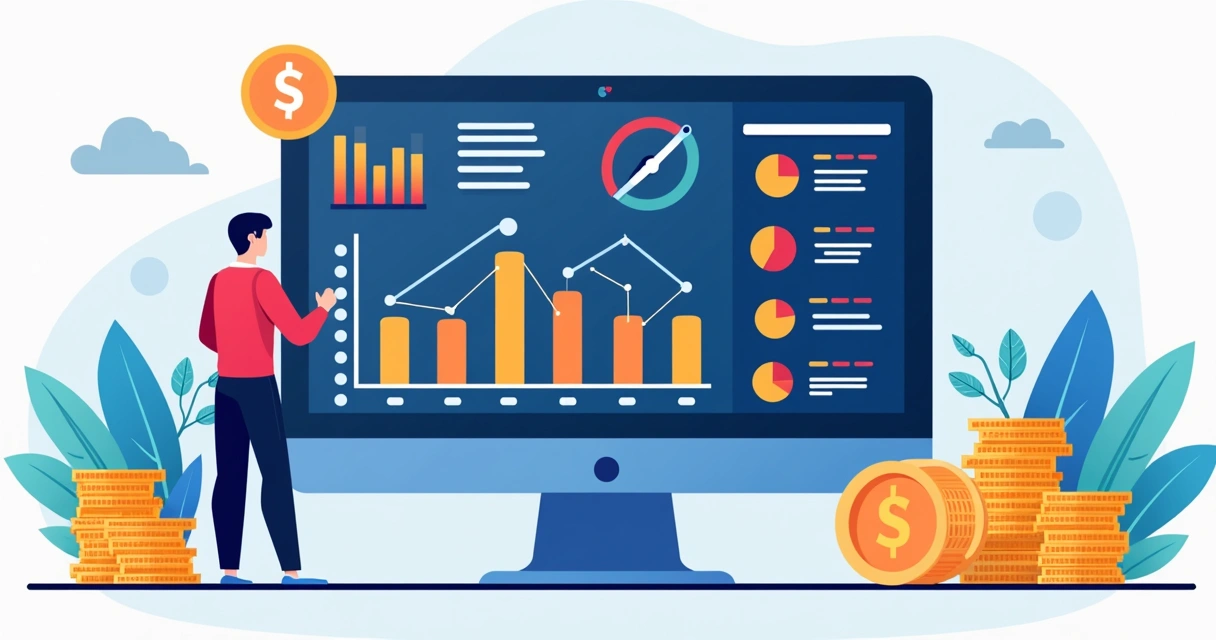Ilustração corporativa flat mostrando um painel digital com gráficos de apostas, moeda e um jogador avaliando estratégias de aposta