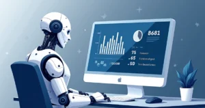 Ilustração corporativa de um robô analisando gráficos e dados de apostas esportivas em tela de computador