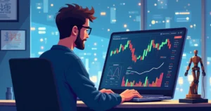 Ilustração corporativa flat mostrando um apostador utilizando um robô trader em um laptop com gráficos e dados esportivos na tela, com elementos de inteligência artificial e análise de partidas ao fundo