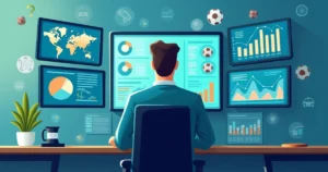 Ilustração corporativa plana mostrando um especialista analisando gráficos e dados em telas digitais relacionadas a apostas esportivas