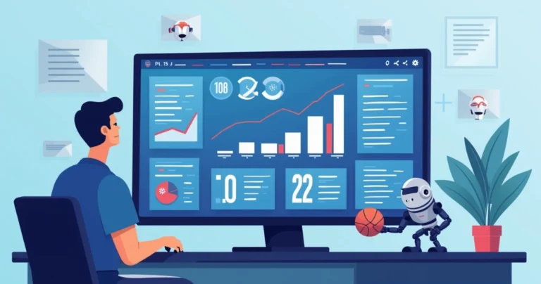 Ilustração corporativa plana mostrando um painel digital com análise de dados e estatísticas de apostas esportivas. Um apostador observa gráficos, probabilidades e números em uma tela moderna azul e cinza. Ao fundo, ícones sutis representando futebol, basquete e robôs de apostas. Ambiente tecnológico e clean, com tons de azul, cinza e branco.