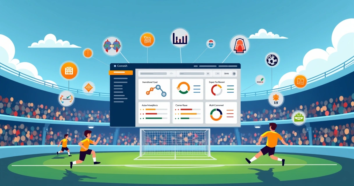 Ilustração corporativa flat mostrando um painel de análise de apostas esportivas com gráficos de escanteios, uma partida de futebol ao fundo e ícones de estatísticas e robôs