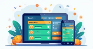Ilustração corporativa de plataforma digital com cotações de apostas esportivas aumentadas na tela de um computador e smartphone