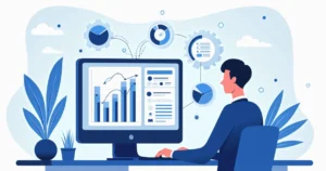 Ilustração corporativa plana mostrando um desenvolvedor criando um bot para apostas em um computador, gráficos de dados e algoritmos no fundo