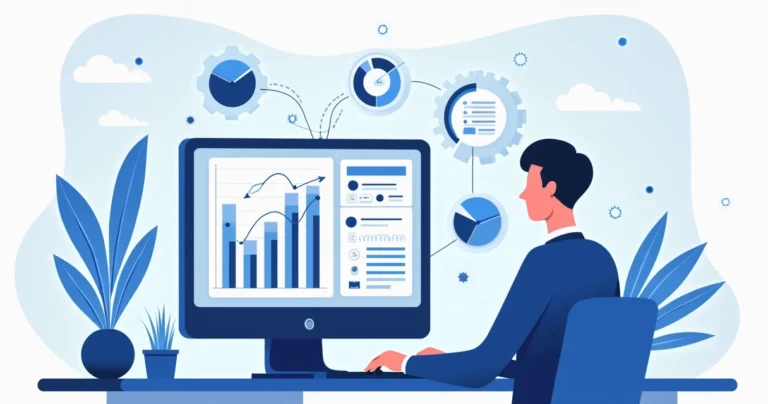 Ilustração corporativa plana mostrando um desenvolvedor criando um bot para apostas em um computador, gráficos de dados e algoritmos no fundo