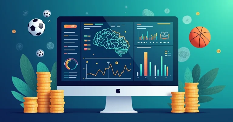 Ilustração corporativa plana mostrando gráficos de apostas esportivas, inteligência artificial e gerenciamento de banca
