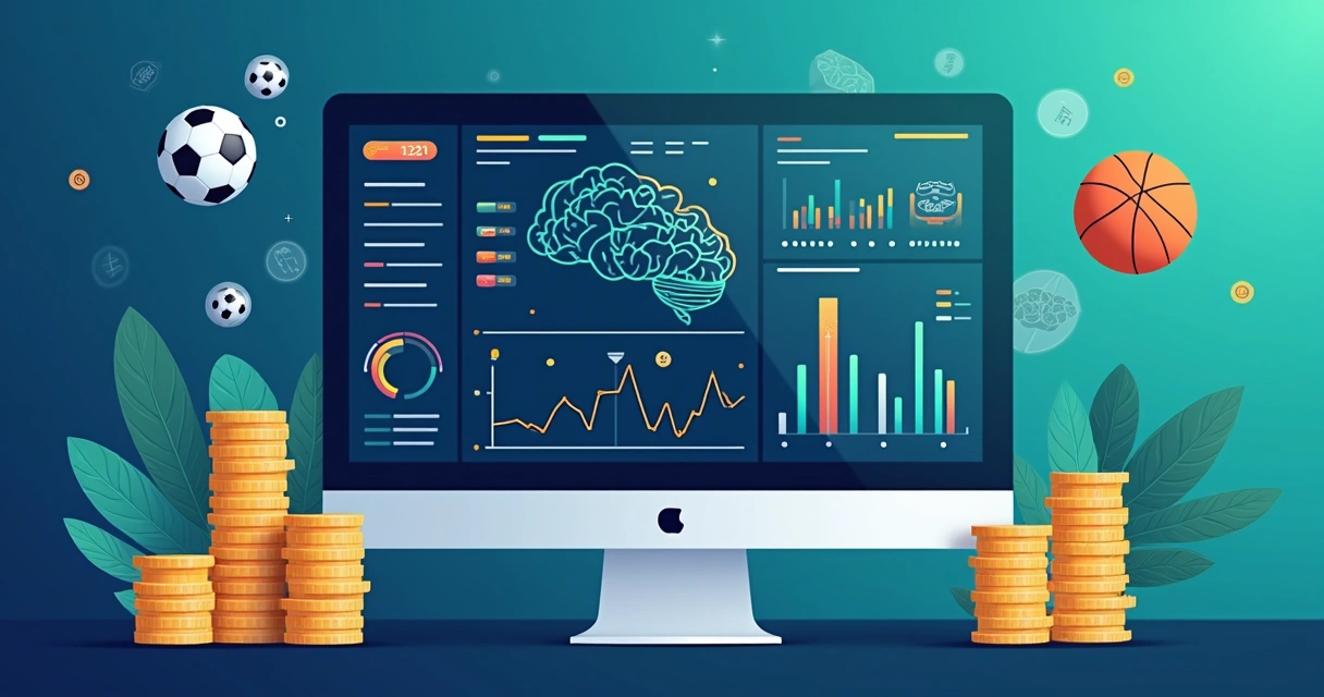 Ilustração corporativa plana mostrando gráficos de apostas esportivas, inteligência artificial e gerenciamento de banca