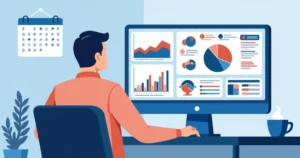 Ilustração corporativa mostrando um apostador analisando estratégias em um computador com gráficos e alertas de risco destacados