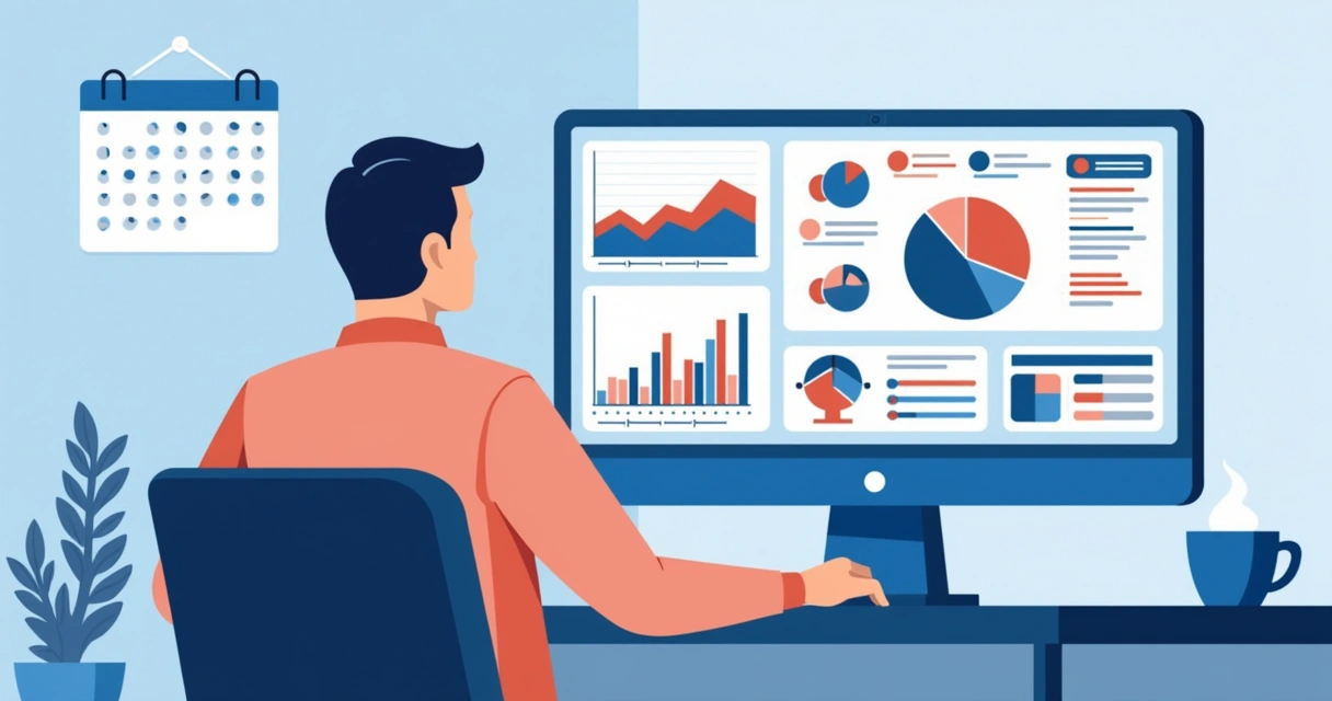 Ilustração corporativa mostrando um apostador analisando estratégias em um computador com gráficos e alertas de risco destacados