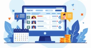 Ilustração corporativa flat mostrando uma tela de computador com cotações de apostas esportivas aumentadas e gráficos de desempenho, com ícones de calendário, moedas e um usuário cadastrado interagind