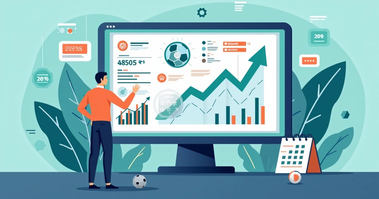 Ilustração corporativa de plataforma digital de apostas esportivas com gráficos, estatísticas e ícones de futebol e inteligência artificial