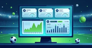 Ilustração de um painel digital com gráficos, notificações de sinais de apostas e ícones de inteligência artificial e estatísticas esportivas