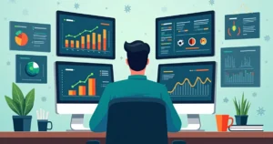 Ilustração corporativa flat de trader esportivo analisando dados e gráficos em telas com probabilidades e estratégias