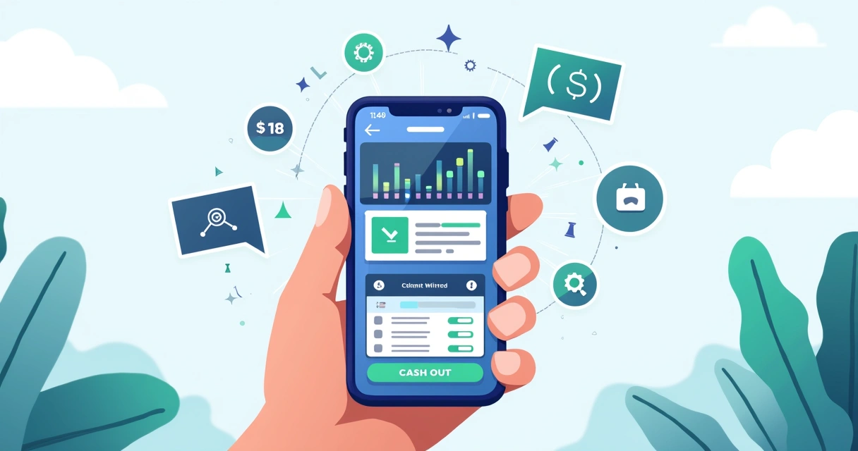 Interface mobile de app de apostas esportivas com gráficos, probabilidades e funções como cash out e transmissão ao vivo