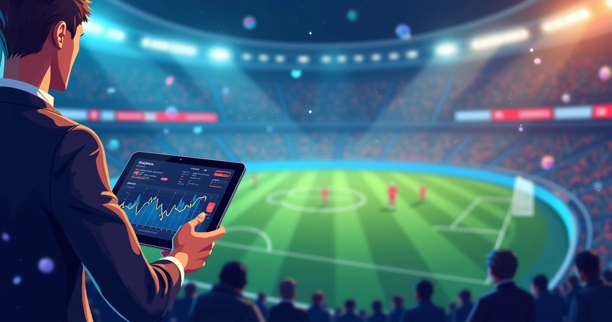 Ilustração plana corporativa mostrando análise de apostas ao vivo com gráficos, ícones de futebol e elementos tecnológicos