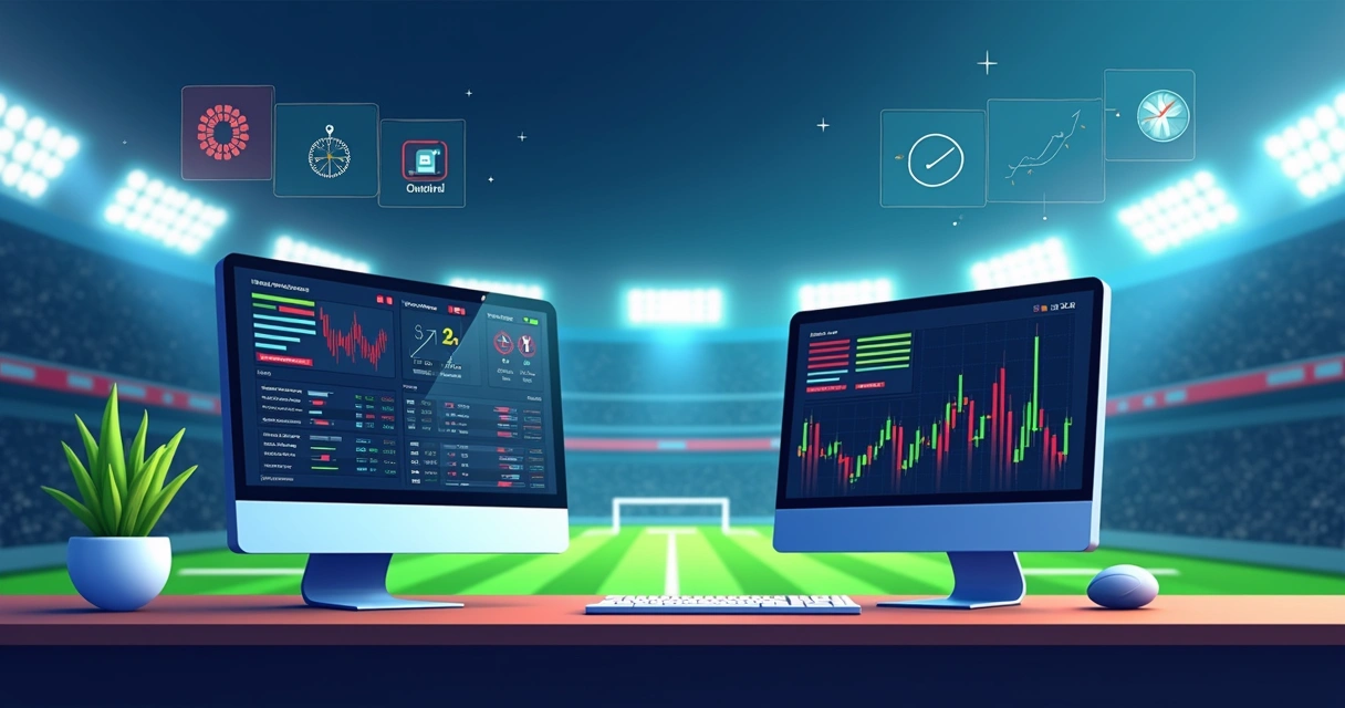 Ilustração corporativa flat mostrando análise de apostas esportivas no mercado under limite com gráficos, partidas de futebol e estratégias