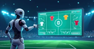 Ilustração corporativa mostrando análise de escanteios em futebol com gráficos e robôs inteligentes