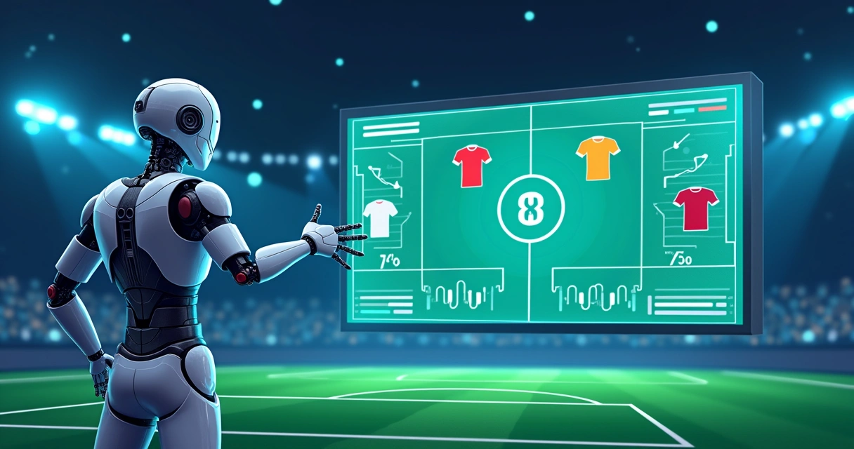 Ilustração corporativa mostrando análise de escanteios em futebol com gráficos e robôs inteligentes