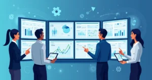 Ilustração corporativa flat mostrando análise esportiva com gráficos, dados, equipe analisando e ícones de inteligência artificial