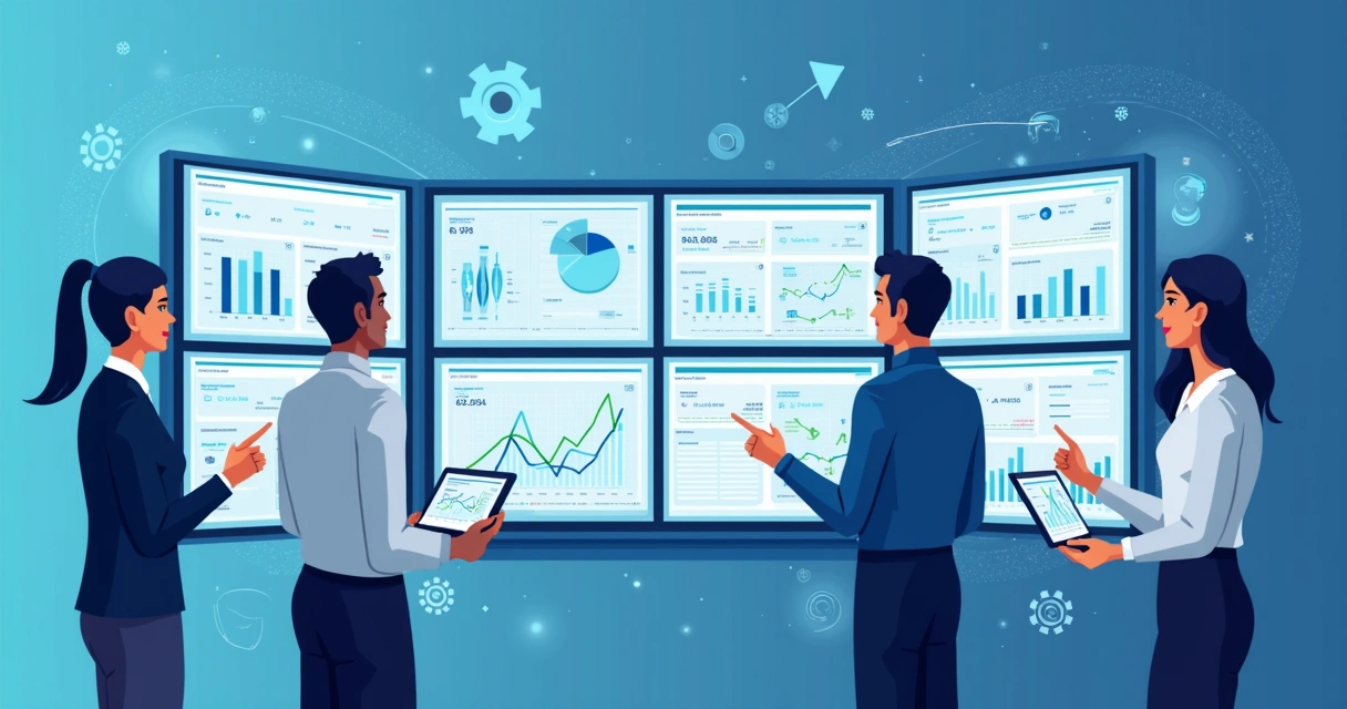Ilustração corporativa flat mostrando análise esportiva com gráficos, dados, equipe analisando e ícones de inteligência artificial