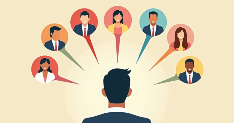 Ilustração corporativa flat de um apostador diante de 7 ícones representando comportamentos sabotadores ao redor, como impulsividade, excesso de confiança e descontrole emocional