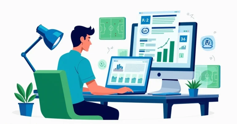 Ilustração corporativa plana mostrando um analista reunindo dados e gráficos em um laptop para estratégia de apostas