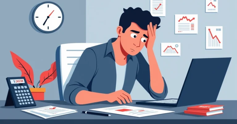 Ilustração corporativa mostrando apostador preocupado diante de gráficos em queda e calculadora com números vermelhos